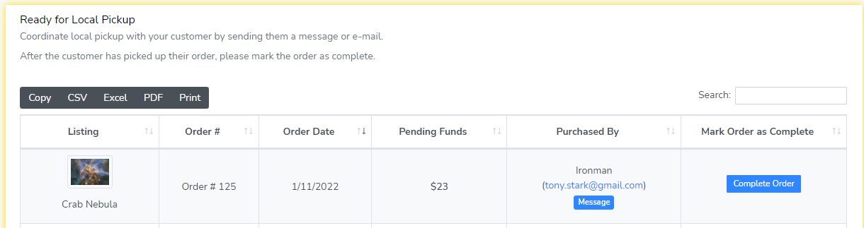 Screenshot of a seller dashboard with an order awaiting customer pickup